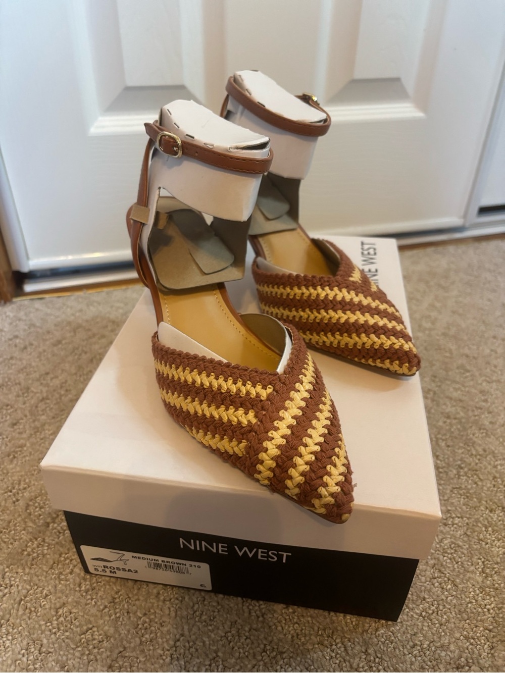 Nine West Brown & Tan Woven Pointed-Toe Ankle-Strap kitten heels
